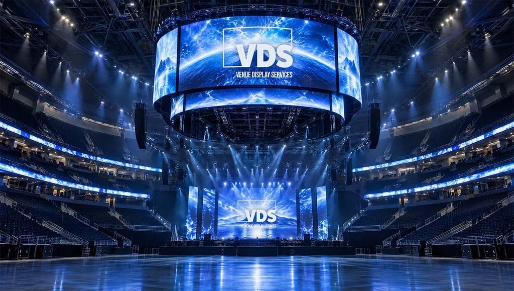 Center-hung LED video display in an indoor stadium, installed and supported by an LED service provider